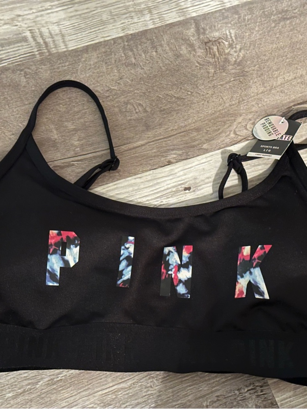 PINK Victoria's Secret Black Floral Logo Bralette with Multicolor Print